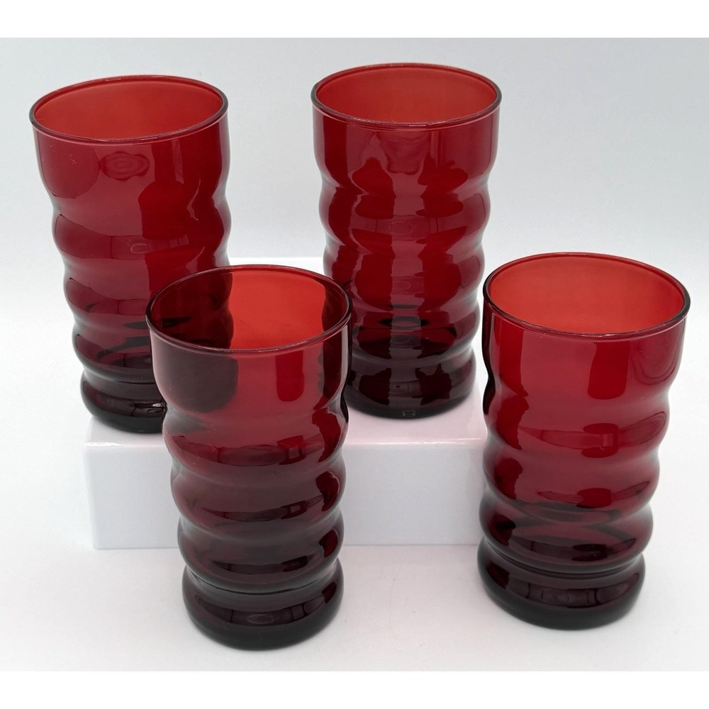4 Anchor Hocking Royal Ruby Red Glass Wavy Ribbed Tumblers Ombre Vintage MCM